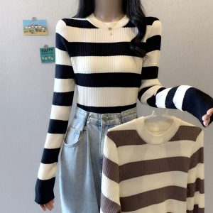 Striped Knitted Skinny Inner Match Women's Long Sleeve