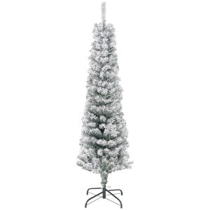 5ft Flocked Christmas Tree, Pencil Christmas Tree With Realistic Branch Tips, Folding Metal Stand, Green