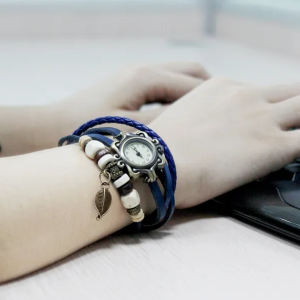 Beautiful Bohemian Style Retro Handmade Leather Tree Leaf Women's Watches Blue