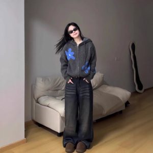 Gray With Zipper Hooded Sweater Cardigan Sweater For Women