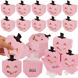 10Pcs Halloween Pink Pumpkin Gift Boxes Unique Candy Boxes With Hollow Scary Smiley Face Window Trick Or Treat Candy Goodie Bags For Halloween Birthday Party Haunted House Table Decoration