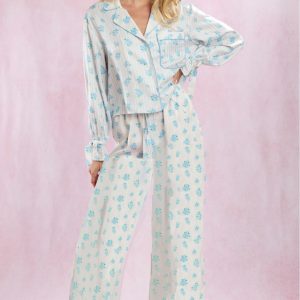 Silk-like Printed Floral Long-sleeved Lapel Pajamas Suit