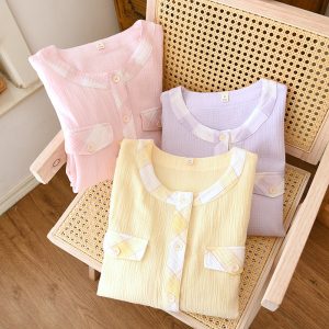 Spring Summer Cotton Gauze Thin Loose Long Sleeve Cardigan Homewear Suit