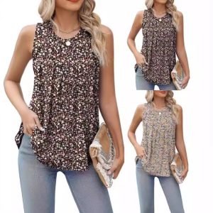 Summer Plus Size Printed Round Neck Sleeveless Vest