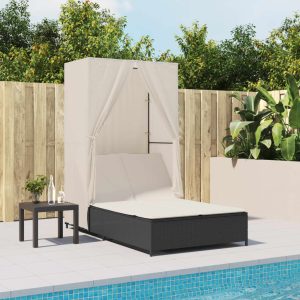 Double Sun Lounger with Canopy and Curtains Black Poly Rattan