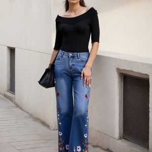 Ladies' High Waisted Slim Fit Bell Bottom Pants With Floral Embroidery Details, Lightweight And Comfortable Material - Breathable Elastic Denim Wide Leg Pants, The Best Choice For Elegant Fashion And
