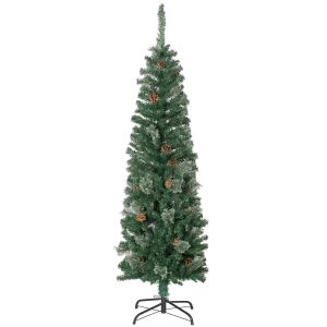 5ft Pencil Christmas Tree, Artificial Christmas With Pine Needles, Realistic Branches, Pine Cones, Metal Base, Green