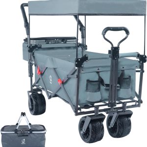 Collapsible Wagon 140L Wagons Carts Foldable With Removable Canopy, Folding Wagon Cart With Wheels For All-Terrain With Brake, Foldable Wagon With Cooler Bag, For Camping Beach Shopping