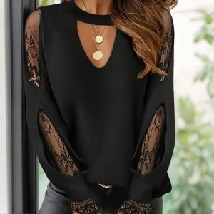 Women's Black Round Neck Lace Hollow Out Long Sleeve Top - Elegant Spring Summer Blouse