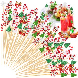Christmas Cocktail Pick Xmas Tree Snowflake Snowman Santa Claus Reindeer Pattern Sticks Cupcake Fruit Food Appetizer Skewers 4.9 In Bamboo Toothpicks For Christmas Holiday Party Favor Supplies