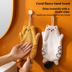 Cute Kitten Rice Grain Coral Fleece Hand Towel Kitchen Hanging Water-absorbing Quick-drying Square Scarf