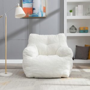 Soft Tufed Foam Bean Bag Chair With Teddy Fabric,Ivory White