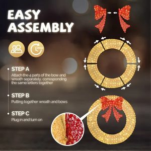 48in Pre-Lit Outdoor Christmas Wreath Decoration, LED Metal Holiday Decor For Home Exterior, Garden W 315 Lights, Bow - Gold Red