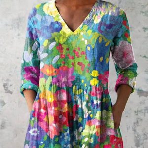 Women's European And American 3d Printed Casual V-neck Wave Loose Dress