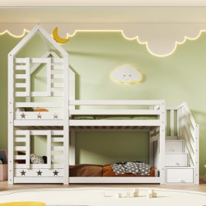 Bunk Bed Storage Children Cabin Bed Single Bed With Window For Kids, Twin Sleeper 190x90 Cm, Solid Pine Wood,3FT -White