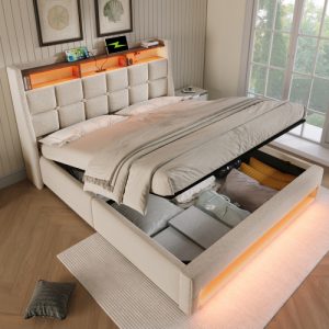 Upholstered Double Bed 150 X 200 Cm With LED Lighting, USB Type-C Charging Function, Storage Headboard, 5FT King Size Storage Bed Frame With Metal Slatted Frame, Linen, Beige No Mattress