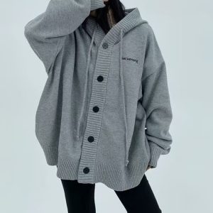 Plus Size Loose Hooded Drawstring Knitted Cardigan Sweater