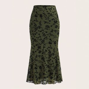 Dark Green Floral Half-length Fishtail Skirt For Women