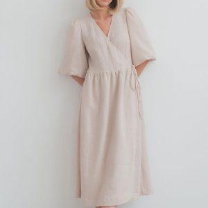 V-neck Puff Short Sleeve Lace-up Dress