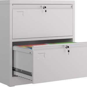 Metal 2 Drawer Lateral File Cabinet With 2 Lock - Wide Filing Cabinet For Letter Legal F4 A4 Hanging Files - Includes Business Card Holder,Home Office School Storage,White