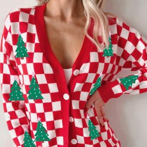 Fall 2025 New Single Row Multi-buckle Knitwear For Women European And American Fashion & Trend Christmas Printed Cardigan For Women