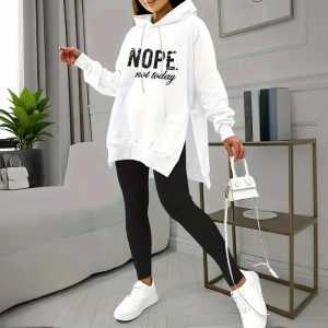 Women's Casual 2-Piece Set Solid Color Leggings & Letter Print Pocket Drawstring Hooded Sweatshirt With Split Hem Spring Fall Fashion Outfit