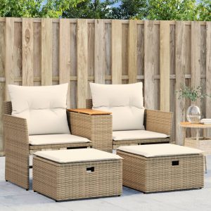 2-Seater Garden Sofa with Stools Beige Poly Rattan