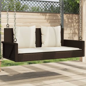 Hanging Bench with Cushion Brown 119x56x48 cm Poly Rattan