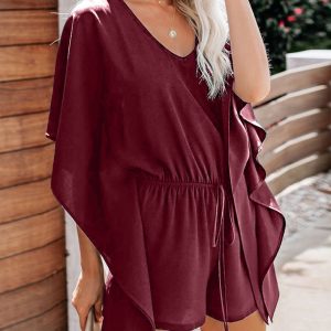 V-neck High-waisted Sash Loose Casual Pants