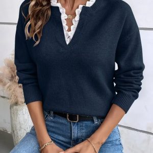 Women's Fashionable Solid Color Loose Lace V-neck Sweater