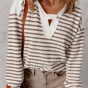 Women's Striped V-neck Long-sleeved Loose Leisure All-matching Top