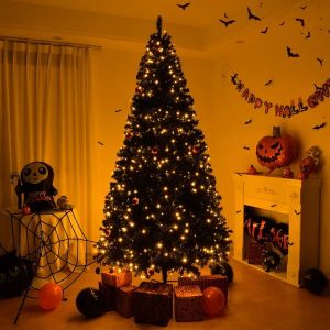 6 FT Pre-lit Artificial Christmas Tree, Hinged Xmas Pine Tree With 900 Branch Tips, 250 Lights And Remote Control For Holiday Party Office Home, Black