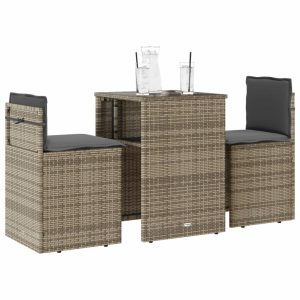 3-Piece Bistro Set with Cushions Grey Poly Rattan