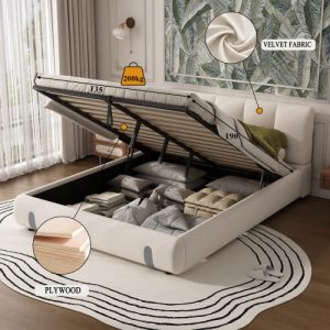 Upholstered Hydraulic Bed, For Adults And Teenagers, 4ft6 Double Bed 135x190cm, Under-bed Storage Space, Soft Headboard, MDF  Velvet  Plywood, White