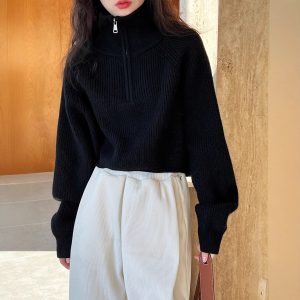 Solid Color Stand Collar Half Zip Design Hem