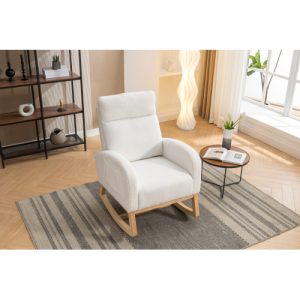 Mid Century Modern Teddy Fabric Upholstered Rocking Chair Padded Seat For Living Room Bedroom, Beige