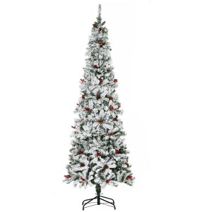 7.5 Foot Pencil Snow Flocked Artificial Christmas Tree With 950 Pine Realistic Branches, Pine Cones, Red Berries, Auto Open, Green