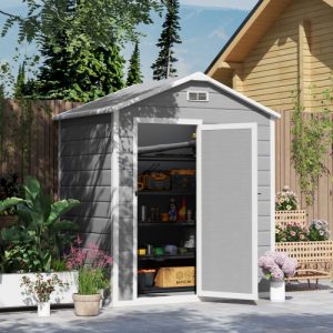 Outsunny 6 X 4ft Outdoor Shed With Foundation, Lockable Door, Vents, Windows, Plastic Shed For Tool Storage, Grey