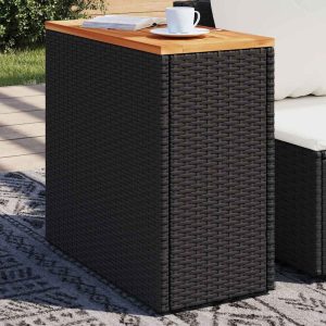 Garden Side Table with Wooden Top Black 58x27.5x55cm Rattan