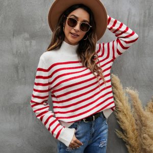 Women's Striped Sweater Loose Long Sleeve Stand Collar Sweater