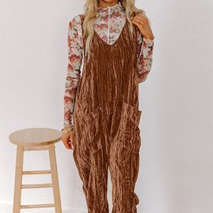 Chicory Coffee Velvet Adjustable Straps Patched Pocket Sleeveless Jumpsuit