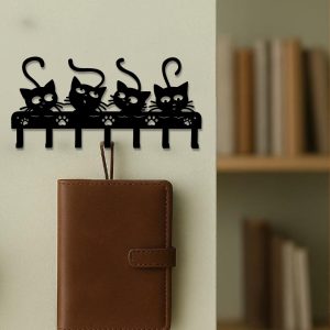 1pc Black Cats Wall Hooks Key Holder W 7 Hooks - Black Iron Wall-Mounted Rack