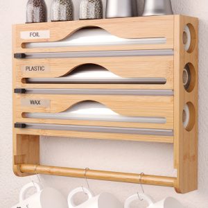A Bamboo Cling Film Cutter With A Tissue Holder, A Wall-Mounted Foil Cutter For The Kitchen, A Three-Compartment Cutter, And A Paper Storage Rack.