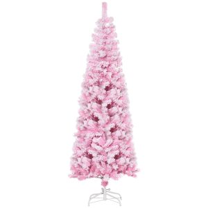 6 FT Snow Flocked Artificial Christmas Tree, Pencil Xmas Tree With Realistic Branches, Auto Open And Steel Base, Pink