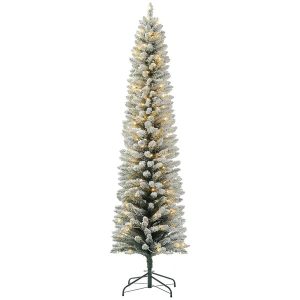 7ft Artificial Prelit Christmas Tree With Warm White LED Light, Snow Flocked Branches, Metal Base, Pencil Xmas Tree