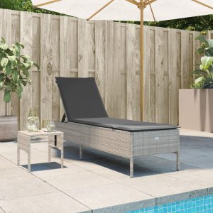 Sun Lounger with Table and Cushion Light Grey Poly Rattan