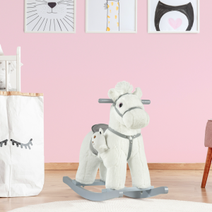 White Plush Rocking Horse With Bear Toy For Kids, Soft   Sound Rocker, Ideal For Nursery  Playtime