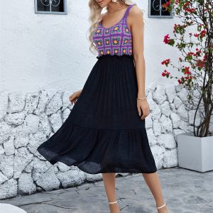 Hand Hook Flower Stitching Cotton Yarn Fabric Purple Sleeveless Dress