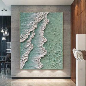Ocean Waves Abstract Textured Thick Oil Painting Hand Painted Green And White Cream Style Texture Canvas Art Wabi Sabi Painting Waves Art Decor