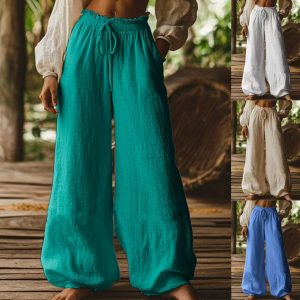 Fashion Casual Loose Artistic Pocket Drawstring Elastic Waist Wide Leg Pants